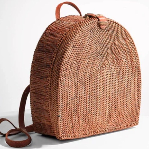 Crabtree & Evelyn Handbags - Woven Rattan Dome Backpack Brown Leather Straps Boho Straw Bag